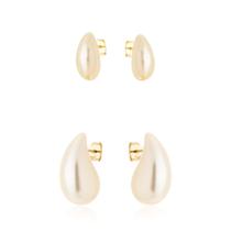 Kit Brincos de Pérola Gota Ouro 18k