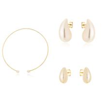 Kit Brincos e Choker Pérolas Ouro 18k