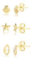 Kit Brincos Folheado A Ouro 18k Linha Mar Estrela Búzio E Concha Kit Brincos Folheado A Ouro 18k Linha Mar Estrela Búzio E Concha