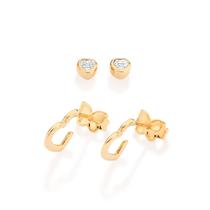 Kit brincos rommanel feminino banhado ouro 18k meia argola coração 527484