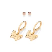 Kit brincos rommanel feminino banhado ouro 18k solitário e argola com borboleta 527432