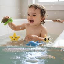 Kit Brinquedo 5 Bichinhos De Banho Mordedor Vinil Bebe Educativo Hora Do Banho Divertida Estrela Do Mar Tartaruga Siri Peixinho e Golfinho