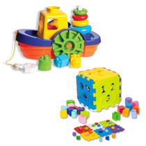 Kit Brinquedo Barco Encaixar + Cubo Didático 24 Peças Criança Kit Brinquedo Barco Encaixar + Cubo Didático 24 Peças Criança