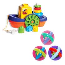Kit Brinquedo Barco Encaixar Pedagógico + Bola Maluquinha Bebê Mordedor Kit Brinquedo Barco Encaixar Pedagógico + Bola Maluquinha Bebê Mordedor