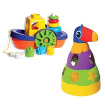Kit Brinquedo Barco Encaixar+Tucano Empilhar Didático Bebê Criança