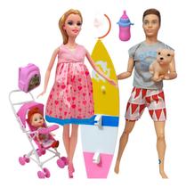 Kit Brinquedo Boneco e Boneca Casal Grávida Com Bebê Na Barriga + Boneco Surf Familia