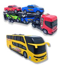 Kit Brinquedo Caminhão Carreta Cegonha Com 4 Carrinhos Ônibus Busão Viagem