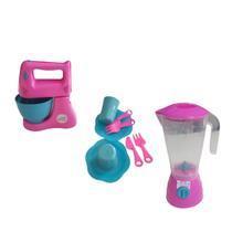 Kit Brinquedo Cozinha Infantil Batedeira Liquidificador Faz De Conta Pratinho Faca Garfinho Plastico