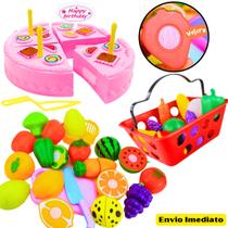 Kit Brinquedo Cozinha Infantil Comidinha de Corte Com Velcr+ Cesta Frutas e Legumes+ Bolo Educativo