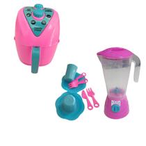 Kit Brinquedo Cozinha Infantil Fritadeira Air Fryer Liquidificador Pratinho Faca Garfinho Plastico