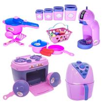 Kit Brinquedo Cozinha Menina Rosa Fogão Mercado Café 29Pç