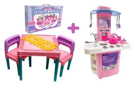 Kit Brinquedo Cozinha Rosa Com Mesinha Tritec + Jantarzinho