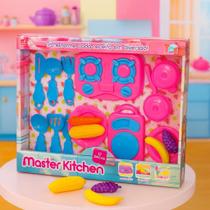Kit Brinquedo de Cozinha Infantil Rosa com Fogão Panelas Talheres Legumes 12 Peças