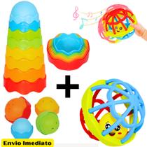 Kit Brinquedo Didático Torre Mágica+ Bolinha Chocalho Mordedor De Silicone Para Bebê Menino e Menina