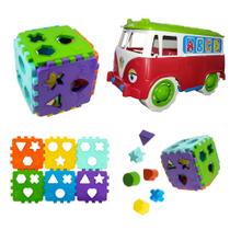 Kit Brinquedo Educativo Cubo e Kombi Encaixe Didático Pedagógico Montar Infantil