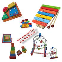 Kit Brinquedo Educativo Em Madeira Xilofone + Prancha + Aramado M + Cubo Encaixe Primeira Infância
