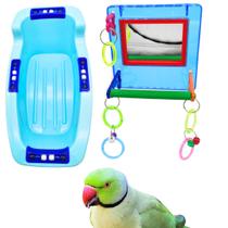 Kit Brinquedo Espelho Multiplay Com Poleiro E Banheira Com Missanga Azul Para Aves Calopsitas Periquitos Ring Necks Pássaros