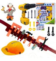 Kit Brinquedo Ferramenta Parafusadeira Furadeira Cinto Construtor Com Martelo Alicate Serrote Chave de Fenda E Parafusos Infantil Menino