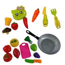 Kit Brinquedo Frutas e Legumes tiras autocolantes + Talheres,Tabua E Frigideira