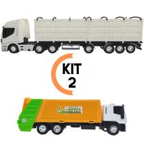 Kit Brinquedo Infantil 2 Peças: 1 Caminhão De Carga Graneleiro + 1 Caminhão De Lixo Coletor