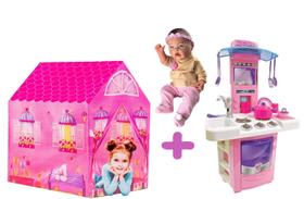 Kit Brinquedo Infantil Boneca Bebê + Minha Casinha e Cozinha Kit Brinquedo Infantil Boneca Bebê + Minha Casinha e Cozinha