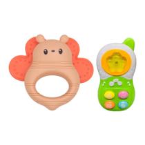 Kit Brinquedo Infantil Chocalho Borboleta Rosa e Telefone Interativo para Bebês