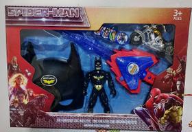 Kit Brinquedo infantil Super Herois Spiderman Boneco + Moto + Máscara e Espada Musical Lança Disco Batman