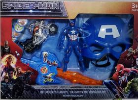 Kit Brinquedo infantil Super Herois Spiderman Boneco + Moto + Máscara e Espada Musical Lança Disco Capitão América Kit Brinquedo infantil Super Herois Spiderman Boneco + Moto + Máscara e Espada Musical Lança Disco Capitão América