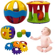 Kit Brinquedo Para Bebe 1 Ano 2 Anos Educativo Cubo Dado Colorido Para Montar e Desmontar Torre com Chocalho Bolinha