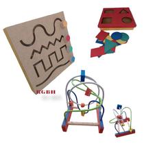 Kit Brinquedo Pedagógico Educativo Em Madeira Passa Figura + Tabuleiro Linhas Vazadas + Aramado M