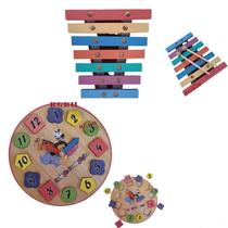 Kit Brinquedo Pedagógico Educativo Em Madeira Relógio