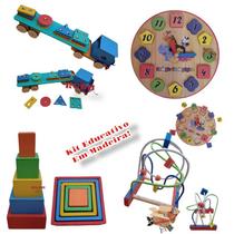 Kit Brinquedo Pedagógico Em Madeira Carreta Prancha Sel + Relógio + Aramado M + Cubo De Encaixe
