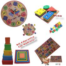 Kit Brinquedo Pedagógico Em Madeira Relógio + Prancha De Seleção + Cubo De Encaixe + Alfabeto Divertido