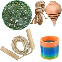 Kit Brinquedos 10 Pula Corda 10 Pião 10 Mola 200 Bola Gude
