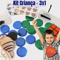 Kit Brinquedos 3x1 - Pião, Cubo e jogo de botões