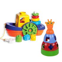 Kit Brinquedos Barco Encaixar + Girafa Empilhar Didático Bebê Criança Kit Brinquedos Barco Encaixar + Girafa Empilhar Didático Bebê Criança