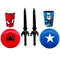 Kit Brinquedos com 2 Escudos 2 Espadas e Copos Homem Aranha e Capitão América - Toy Master
