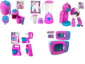 Kit Brinquedos Cozinha Infantil Rosa - Air Fryer, Cafeteira, Liquidificador, Batedeira, Microondas