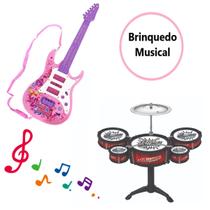 Kit Brinquedos de Banda Musical Bateria + Guitarra Rosa