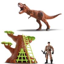 Kit Brinquedos Dinossauro Árvore Misteriosa Com T-Rex + Soldado E Acessórios Dino Hunters