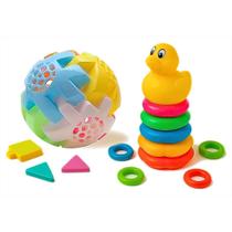 Kit Brinquedos Educativos Bola Didática Peças para Encaixar e Patinho Blocos de Montar Quebra-Cabeça