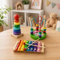 Kit Brinquedos Educativos Madeira Autismo TDAH Pedagógico Xilofone Musical Torre Montessori Aramado Montanha Russa Bichos Animais