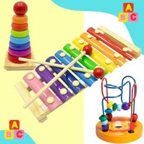 Kit Brinquedos Educativos Madeira Autismo TDAH Pedagógico Xilofone Musical Torre Montessori Aramado Montanha Russa Bichos Animais