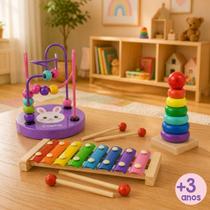 Kit Brinquedos Educativos Madeira Autismo TDAH Pedagógico Xilofone Musical Torre Montessori Aramado Montanha Russa Bichos Animais