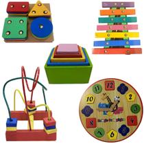 Kit Brinquedos Educativos Madeira Primeira Infância Colorido - Tralalá