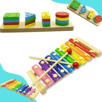 Kit Brinquedos Educativos Xilofone Musical e Formas Geométricas Encaixe Madeira