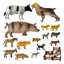 Kit Brinquedos Fazenda 15 Animais + Cerca Borracha Grandes coleção trabalho escolares