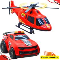 Kit Brinquedos Infantil 2 Viaturas+ 2 Helicópteros Polícia e Bombeiro Veículos de Resgate Emergência