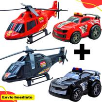 Kit Brinquedos Infantil 2 Viaturas+ 2 Helicópteros Polícia e Bombeiro Veículos de Resgate Emergência