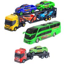 Kit Brinquedos Infantil Caminhão Reboque Com 1 Caminhonete, 1 Mini Ônibus e 1 Cegonheira